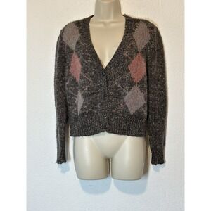 Vtg Brown & Pink Argyle Cardigan Long Sleeve Sweater Preppy Academia Large